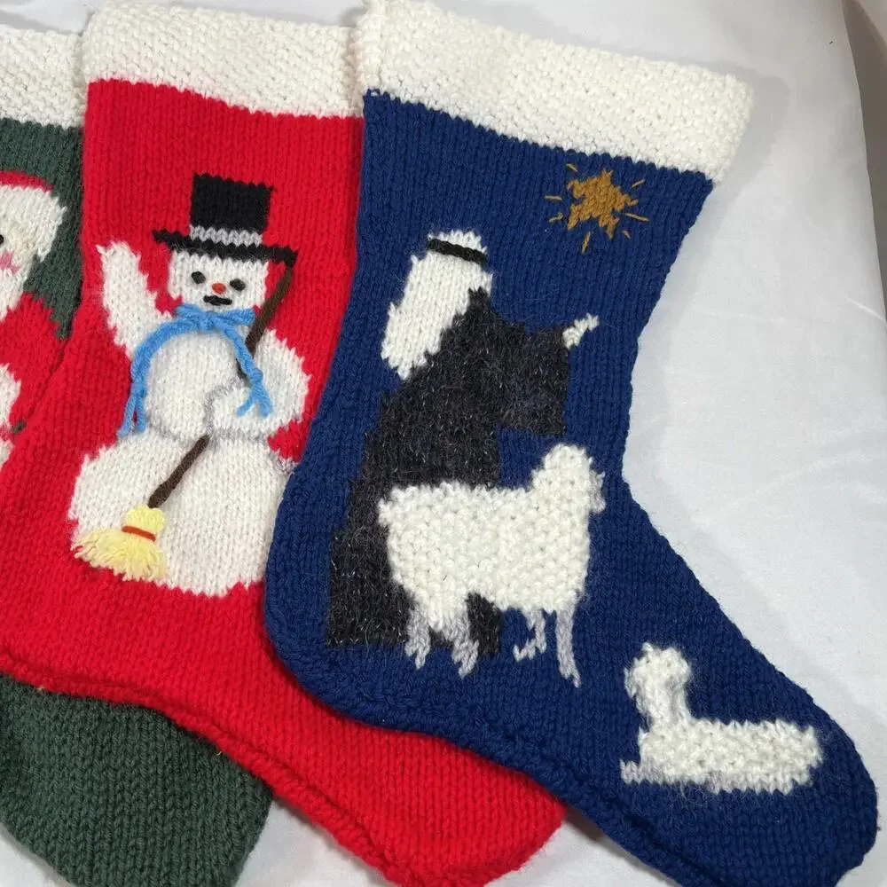 Vintage Lot of 4 Handmade Knit Christmas Stockings Santa Bear Snowman Shepherd